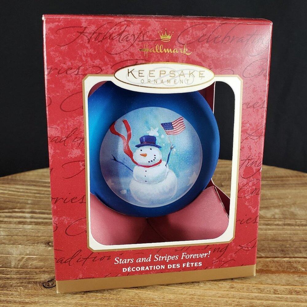 2 Hallmark 9/11 Tribute Ornaments "Stars and Stripes Forever" Glass Snowman 2001